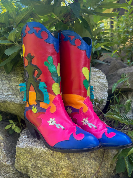 Rainbow Leather Patchwork Cowboy Boots