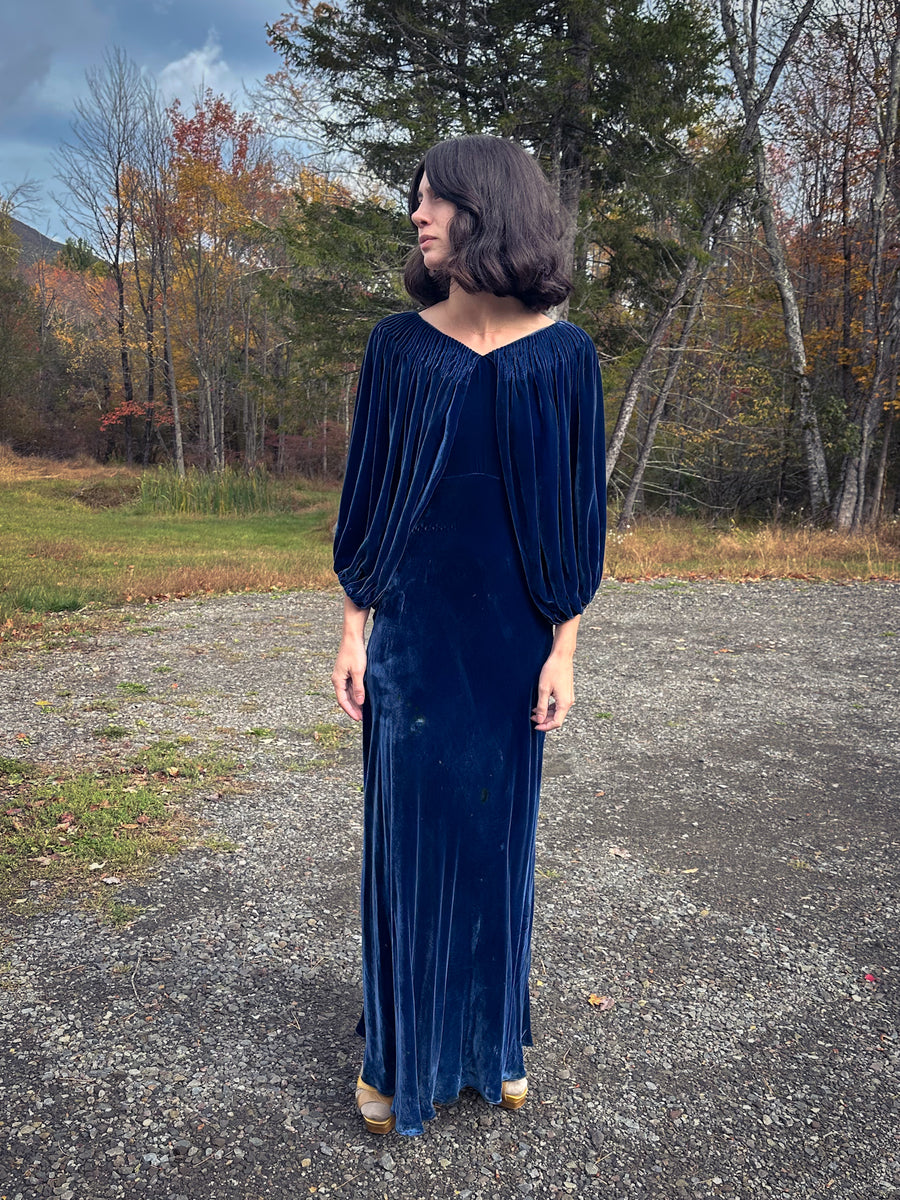 1930s Sapphire Silk Velvet Gown 1930s Sapphire Silk Velvet Gown