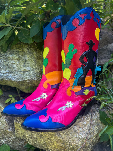 Rainbow Leather Patchwork Cowboy Boots