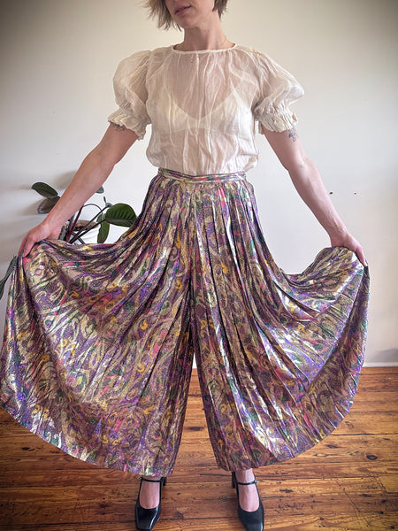 Silk Lamé Pleated Palazzo Pants