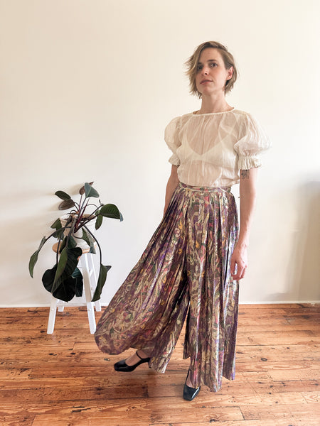 Silk Lamé Pleated Palazzo Pants