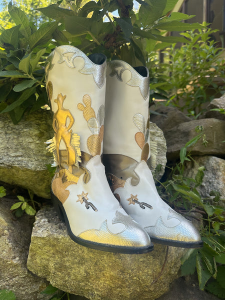 Metallic Leather Patchwork Cowboy Boots