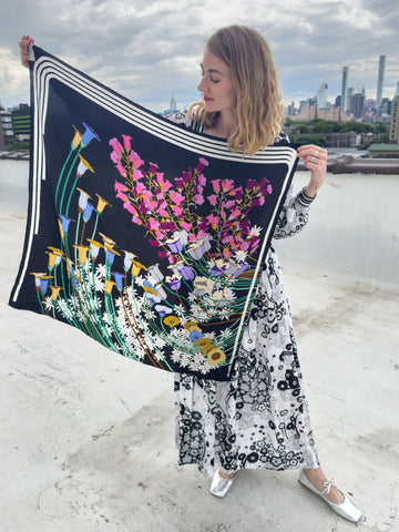 Floral and Stripe Silk Scarf