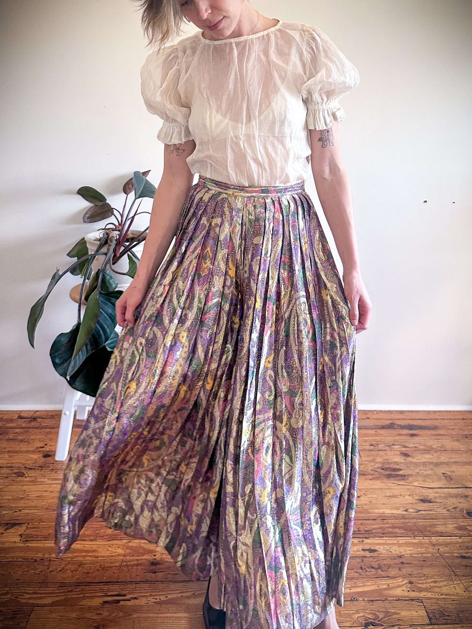 Silk Lamé Pleated Palazzo Pants